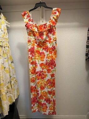 Emma & Michele Floral Elastic-Waist Maxi Dress in Pink, Orange & Green (B)
